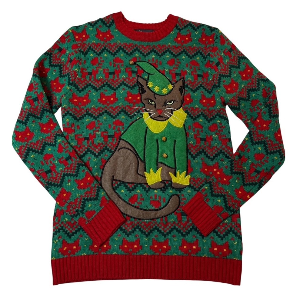 33 Degrees Grumpy Elf Cat Sphinx Christmas Sweater W/Bells Mens‎ Medium